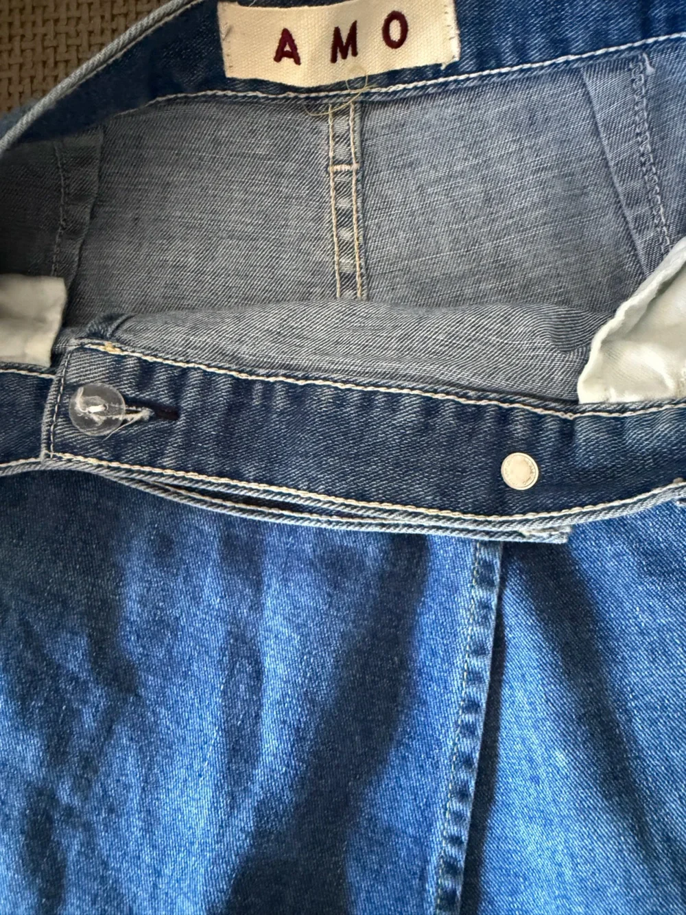 AMO Denim Wrap Skirt Midi Marie  Wistful Medium Wash S Made in USA Stretch Blue